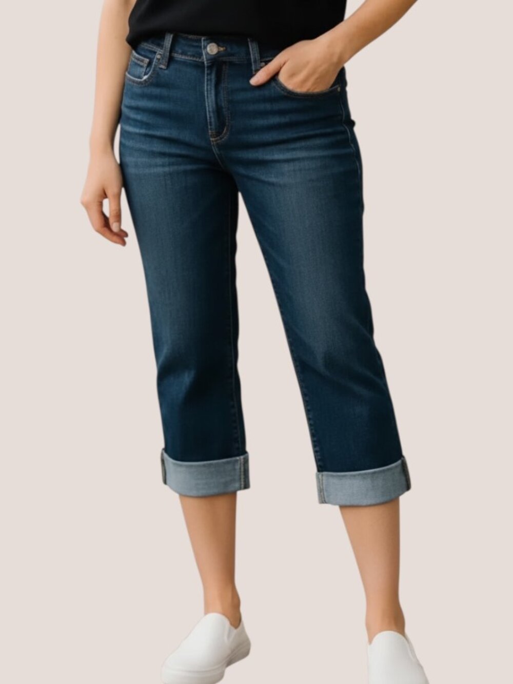 Daisy Fuentes Jeans Womens 4 Rock Wash Stretch Denim Cuffed Capri Mid Rise Blue